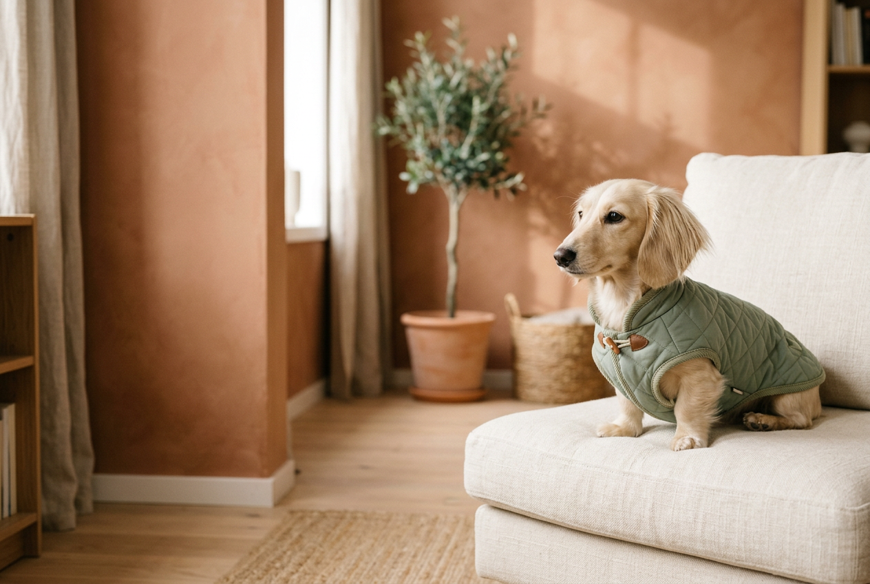A dog wearing a sage green quilted jacket
